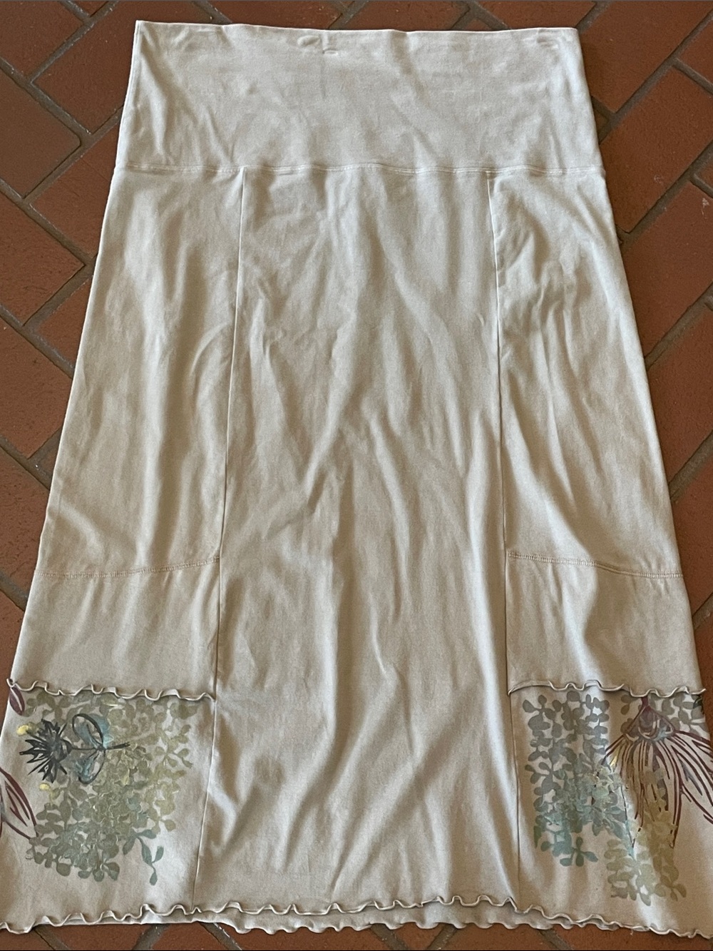 Blue Fish Taupe A-Line Midi Skirt with Floral Hem Panels. Size 2.